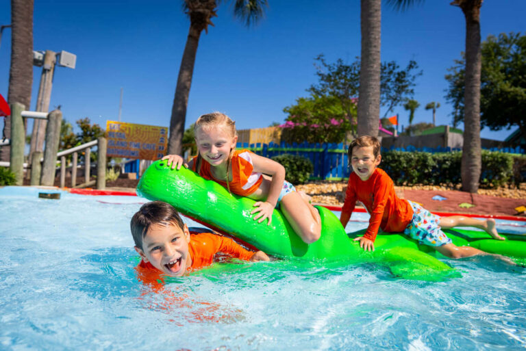 kids play on a crocodile play statue in a pool
