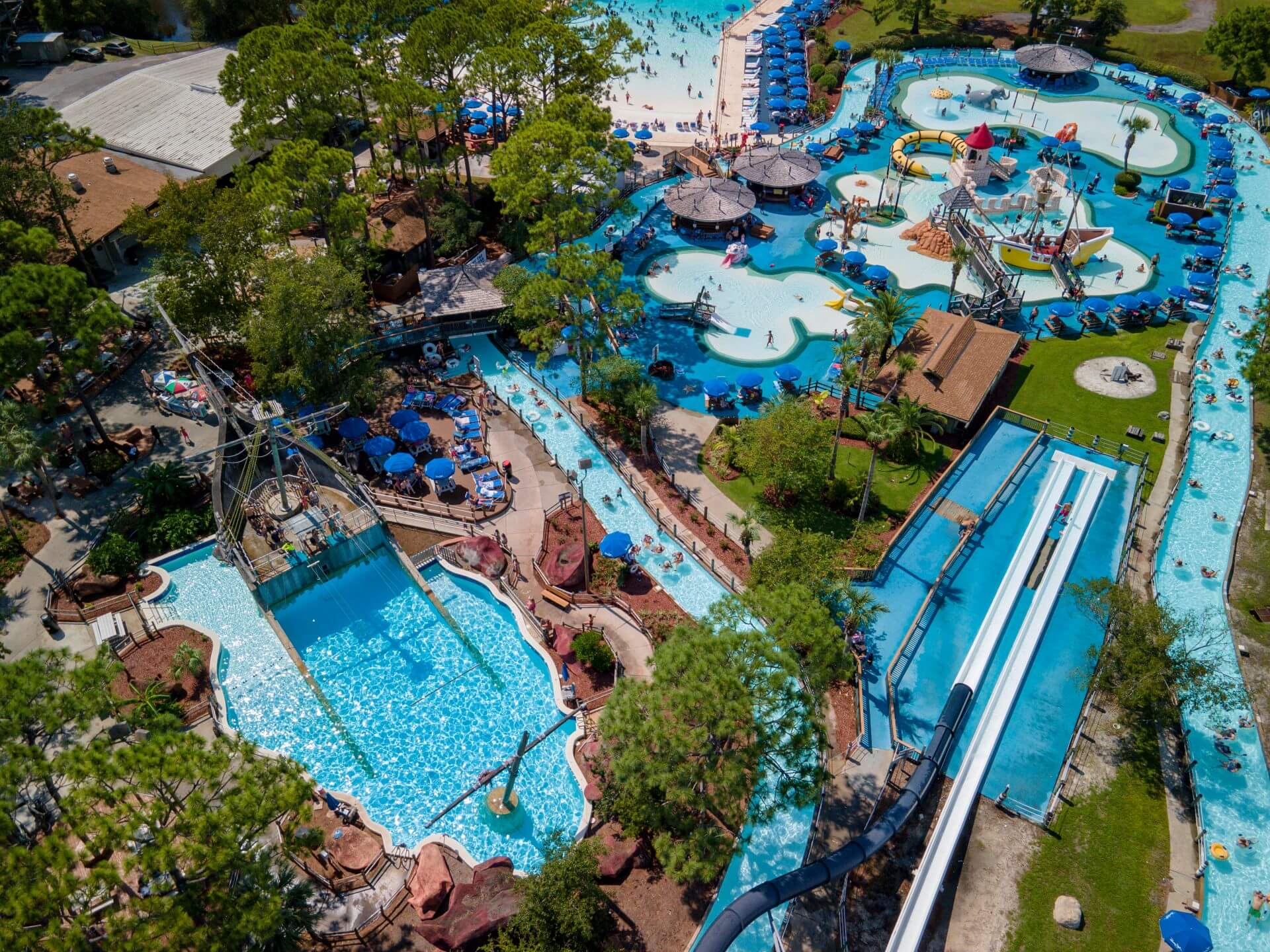Aerial view of the existing Shipwreck Island Waterpark in Panama City Beach Florida