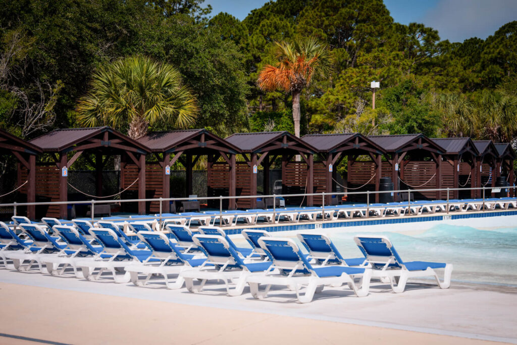 cabanas and beach chairs at shipwreck island