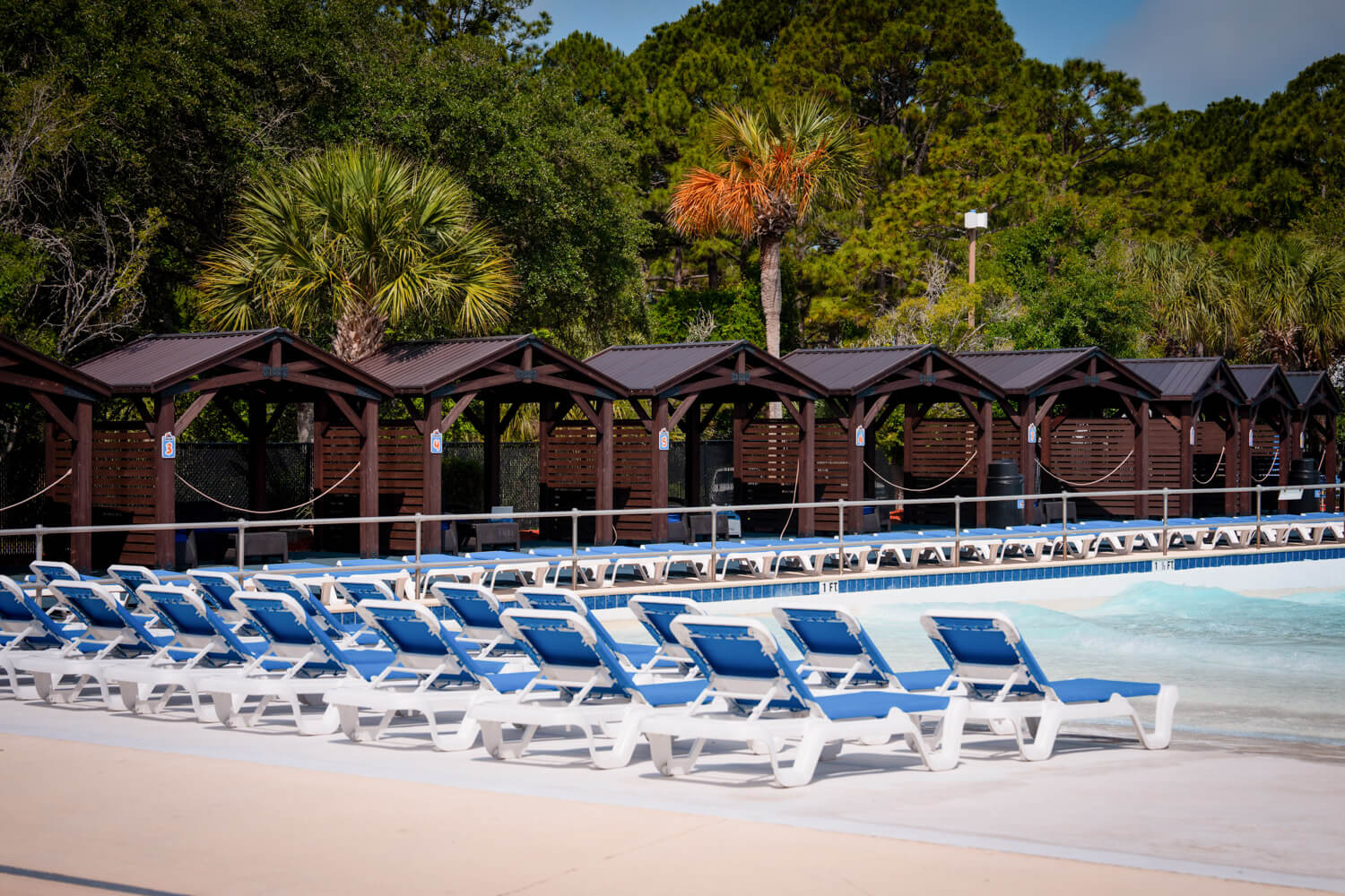 rows of cabanas next to the waterpark at shipwreck island